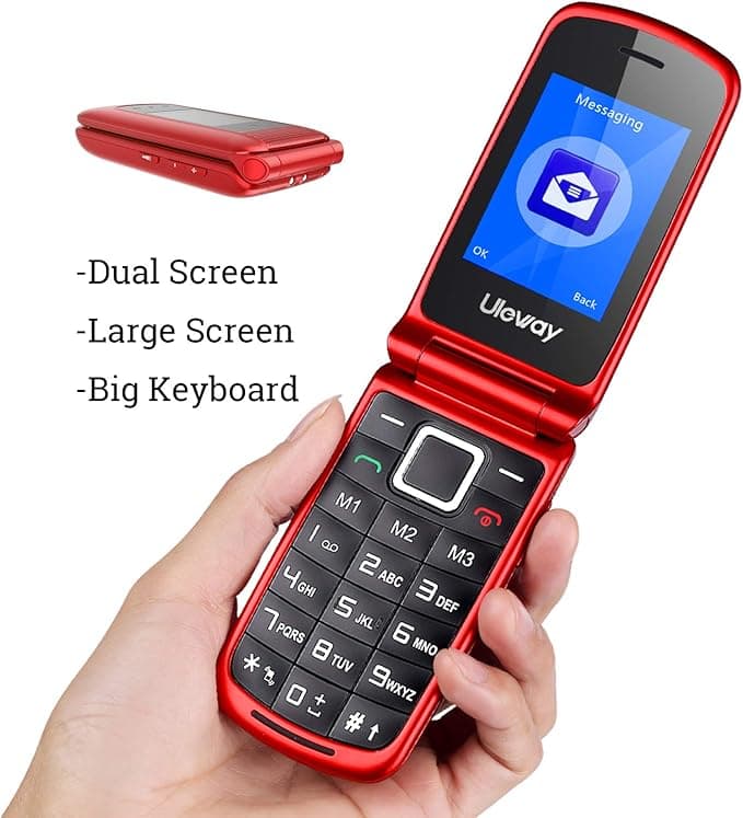 Telefon mobil cu butoane mari uleway pentru vârstnici, SIM gratuit, deblocat, cu clapă, telefon mobil pentru seniori, buton SOS, lanternă, cameră, difuzor Bluetooth, ușor de utilizat pentru seniori (2G-Roșu) — 1