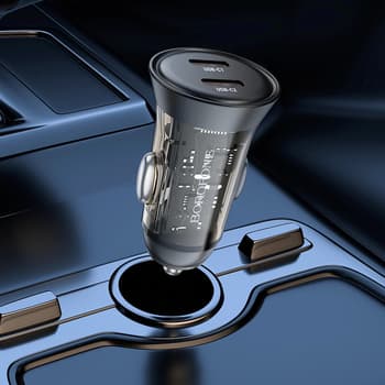 Încărcător auto Borofone BZ26B Discovery - 2xTip C - PD 45W 3A cu cablu Tip C la Lightning, albastru transparent — 2