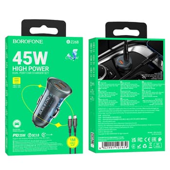 Încărcător auto Borofone BZ26B Discovery - 2xTip C - PD 45W 3A cu cablu Tip C la Lightning, albastru transparent — 1