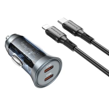 Încărcător auto Borofone BZ26B Discovery - 2xTip C - PD 45W 3A cu cablu Tip C la Lightning, albastru transparent — 3