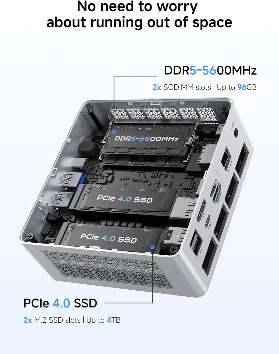 MINISFORUM UM880 Plus Mini PC Barebone AMD Ryzen 7 8845HS (8C/16T, Până la 5.1GHz), Mini Computere Fără RAM/SSD/OS, Ieșire Video HDMI/DP/USB4, OCuLink, LAN 2.5G, 5 Porturi USB, Grafică Radeon 780M — 4