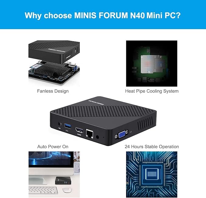 Mini PC MINIS FORUM fără ventilator, Windows 10, 4 GB DDR4 / 64 GB, procesor eMMC Intel Celoren N4020, mini computer desktop, conexiune HDMI și VGA, Wi-Fi Dual Band 2.4+5.0 GHz, BT, USB 3.0 * 3 — 3