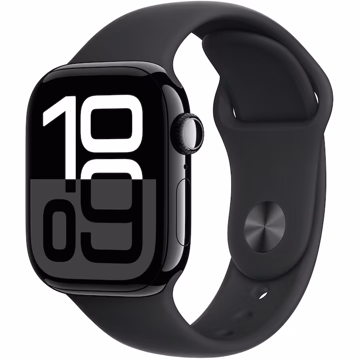 Apple Watch 10 GPS, Carcasa Jet Black Aluminium 42mm, Black Sport Band - M/L